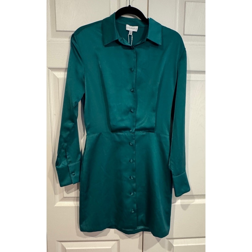 New Lucy Paris Teal Satin Long Sleeve Button Down Shirt Dress- Small